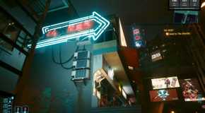A screenshot of a ray-traced neon sign from DLSS4 in 'Cyberpunk 2077' through GeForce NOW Ultimate Blackwell RTX.