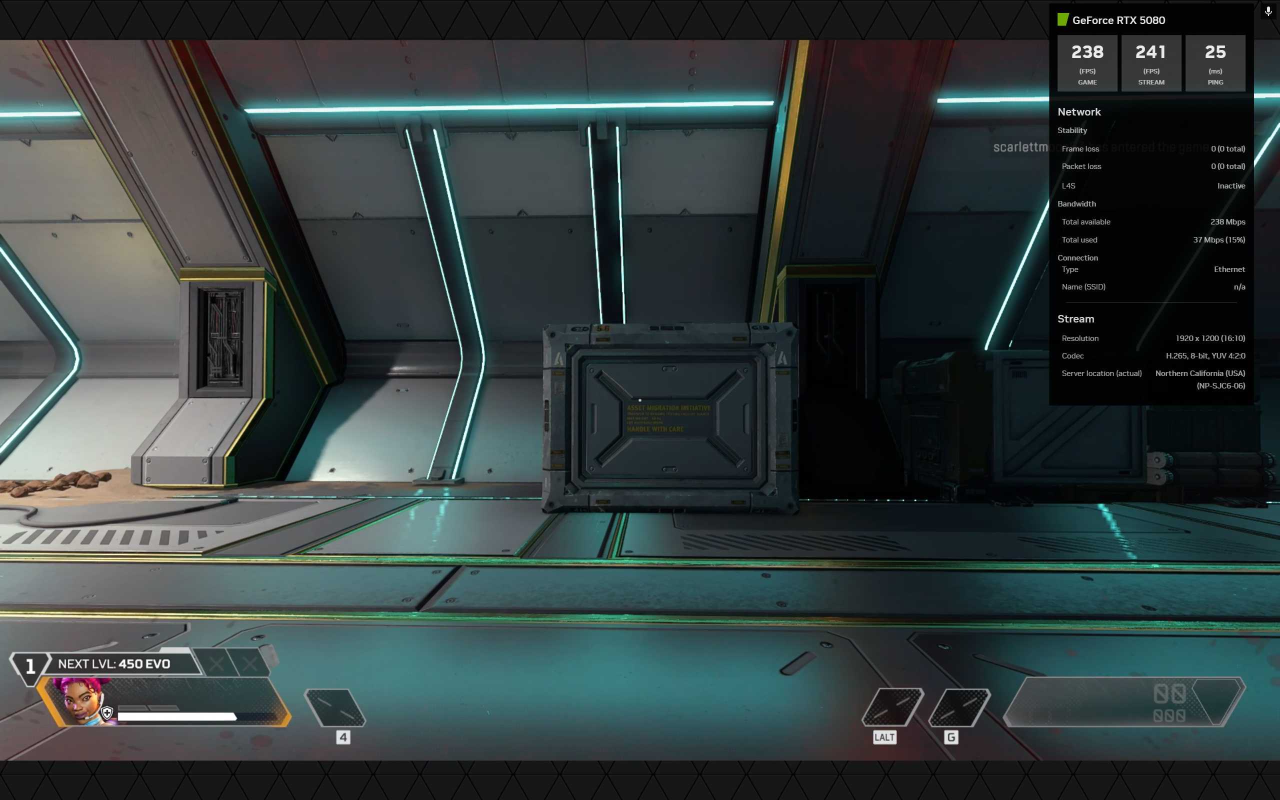 A screenshot of 240fps in GeForce NOW Ultimate's Competitive Mode in the game 'Apex Legends.'