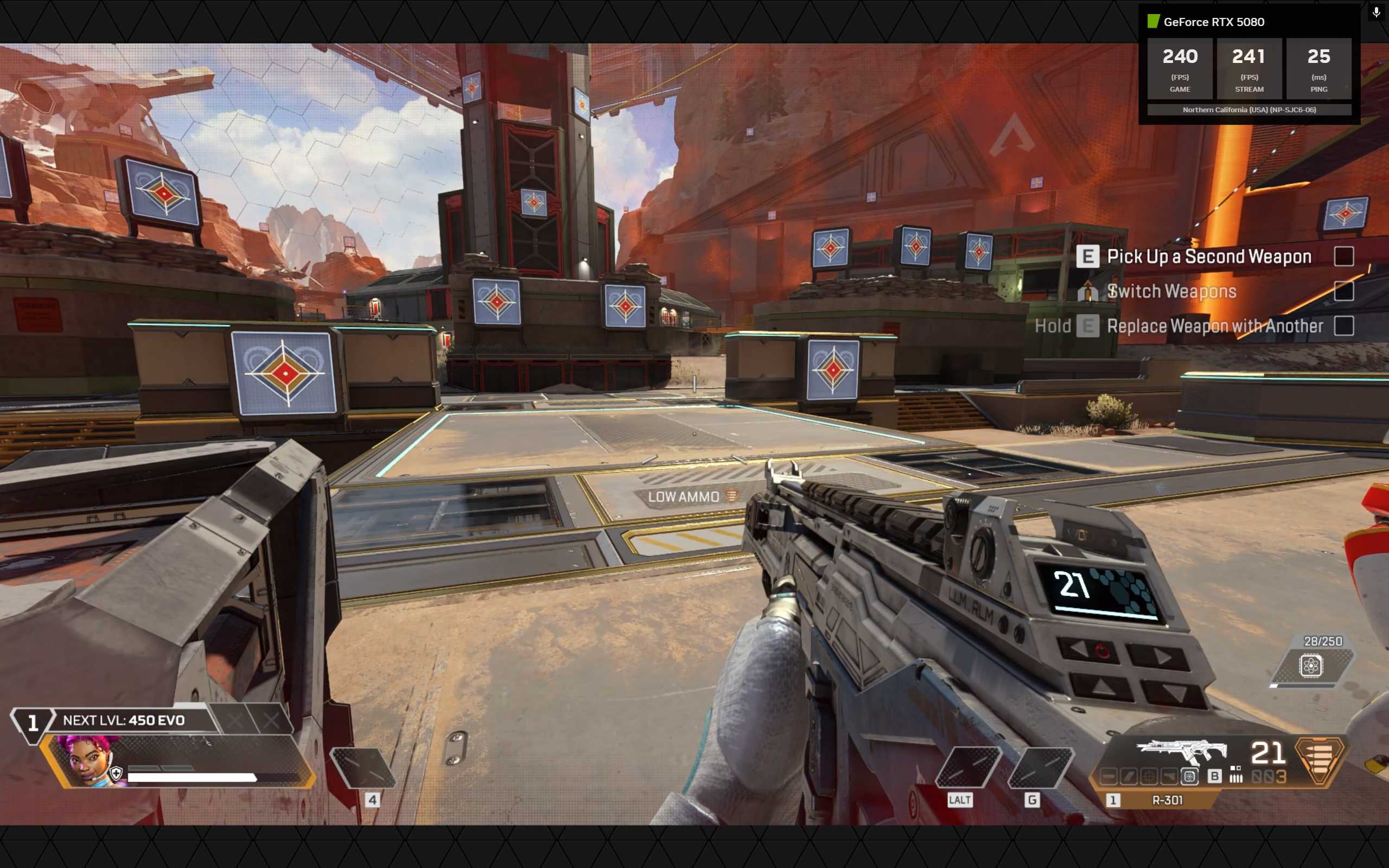 A screenshot of 240fps in GeForce NOW Ultimate's Competitive Mode in the game 'Apex Legends.'