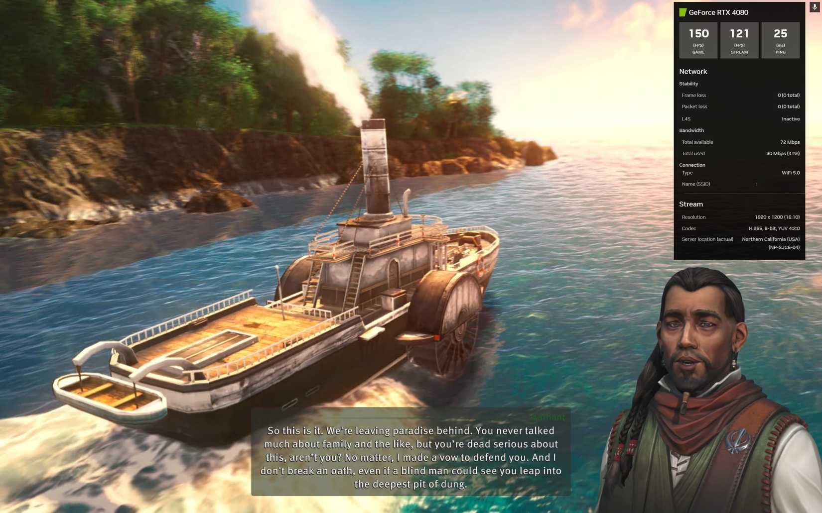 A screenshot of the game 'Anno 1800' with the NVIDIA GeForce NOW performance overlay.