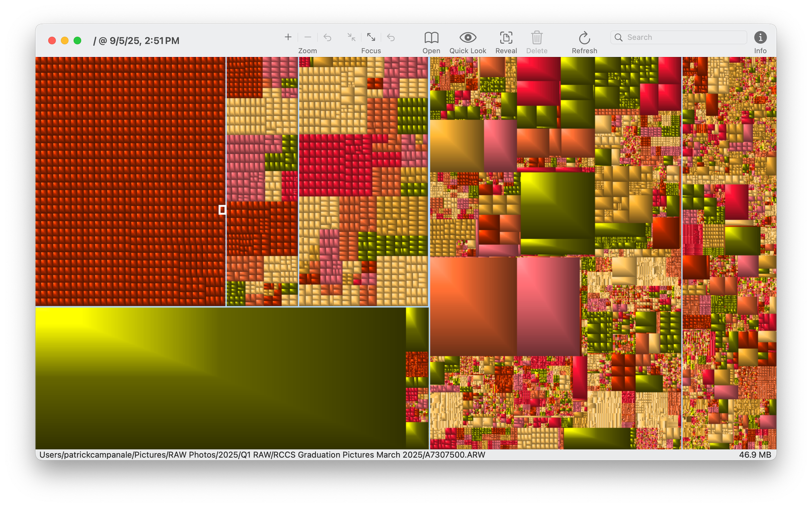 The GrandPerspective interface showing how much storage various files are taking up on a MacBook Pro.