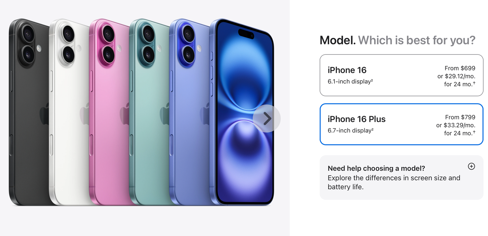 iPhone 16 Plus en el sitio web de Apple.