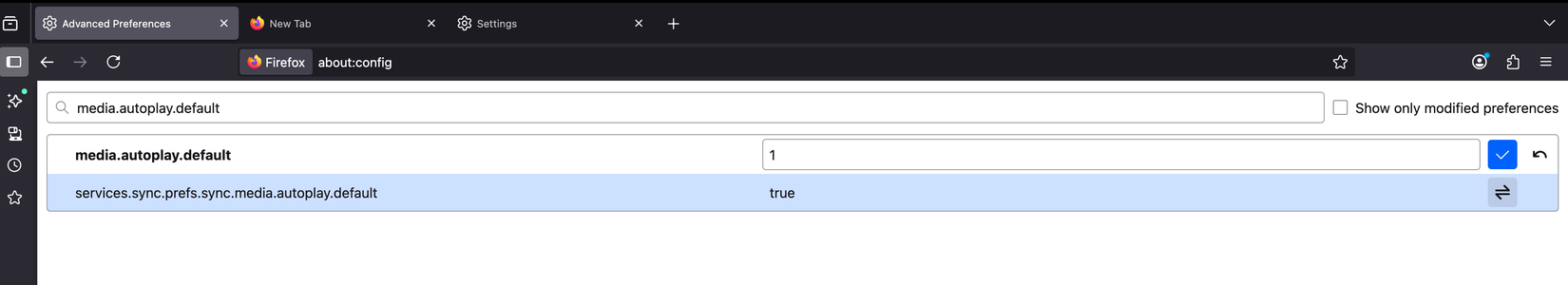 Changing the media autoplay preference value from 1 to 5.