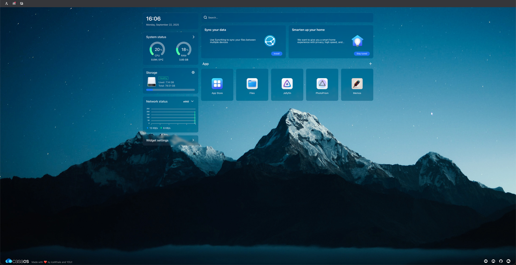 O painel para o CASAOS mostrando uso da CPU, RAM, armazenamento, estado de rede e alguns aplicativos.