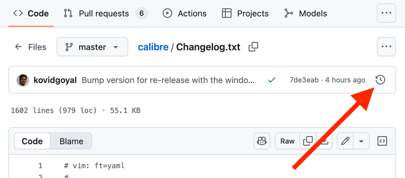 Botão de histórico em um arquivo de texto no github