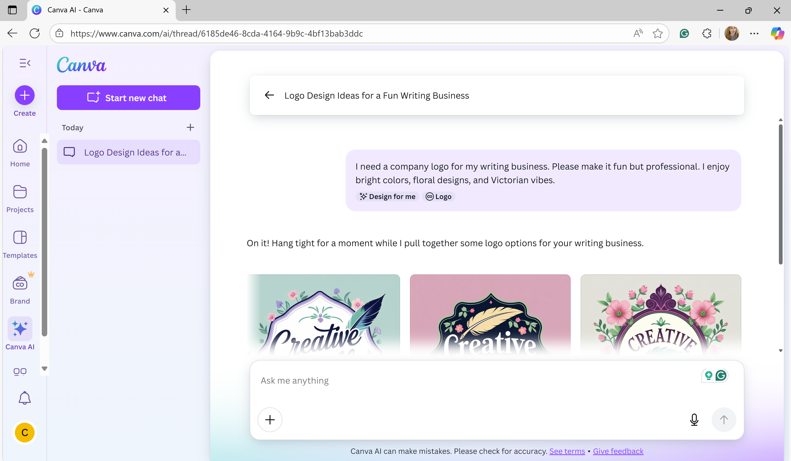 A screenshot of Canva's Canva AI creating a logo based on a prompt.