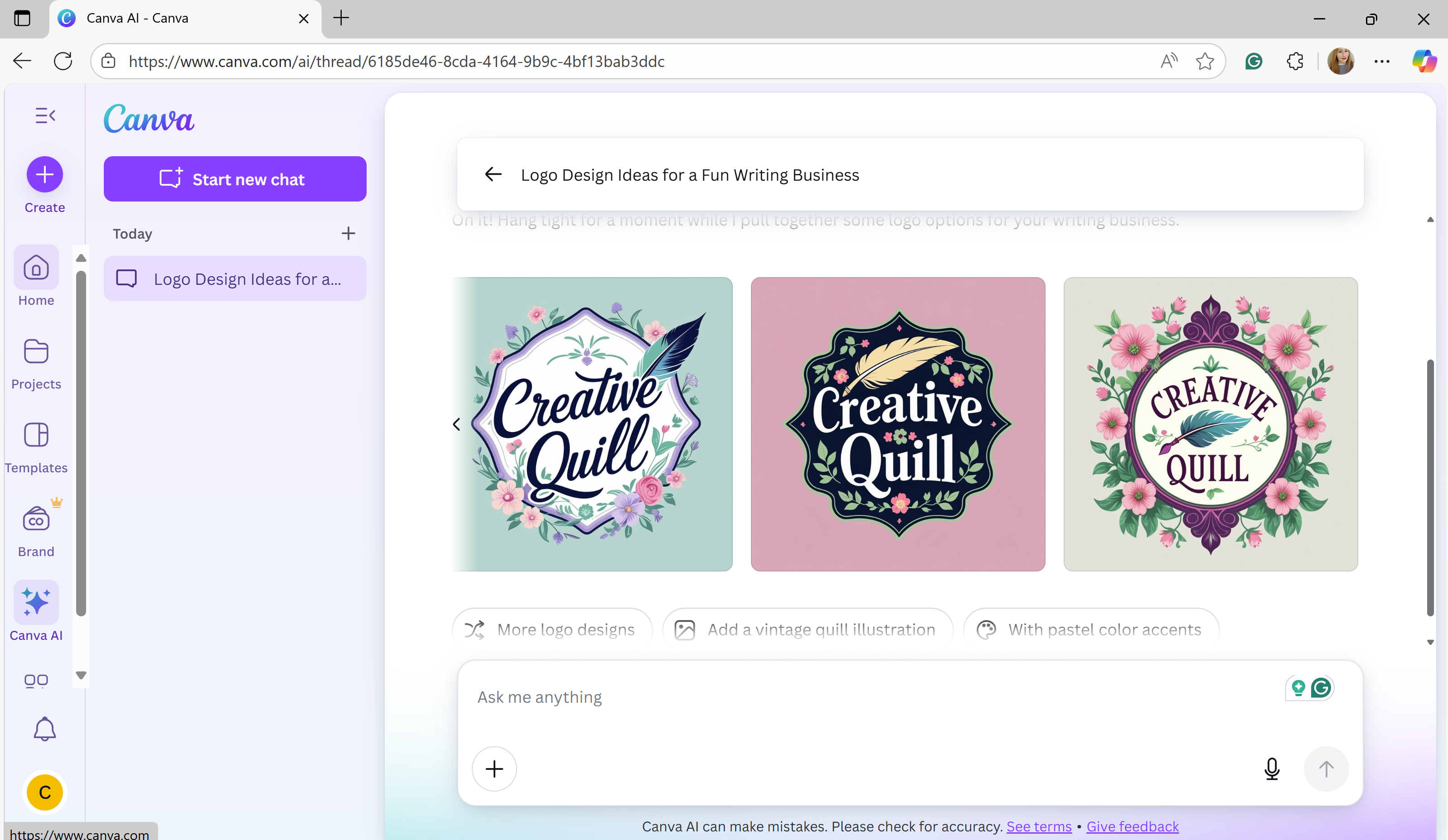 A screenshot of Canva's Canva AI creating a logo based on a prompt.