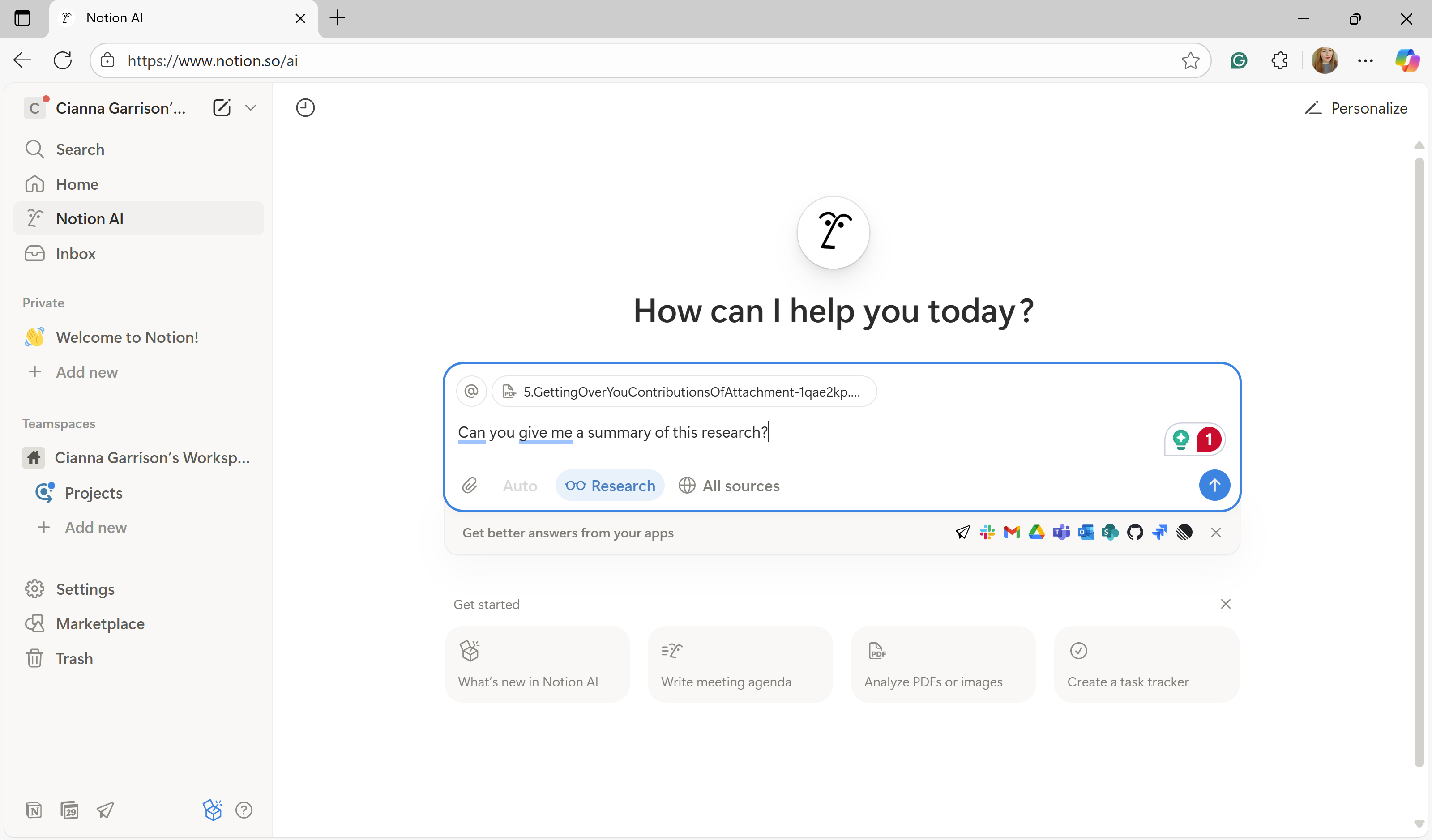 A screenshot of Notion AI.