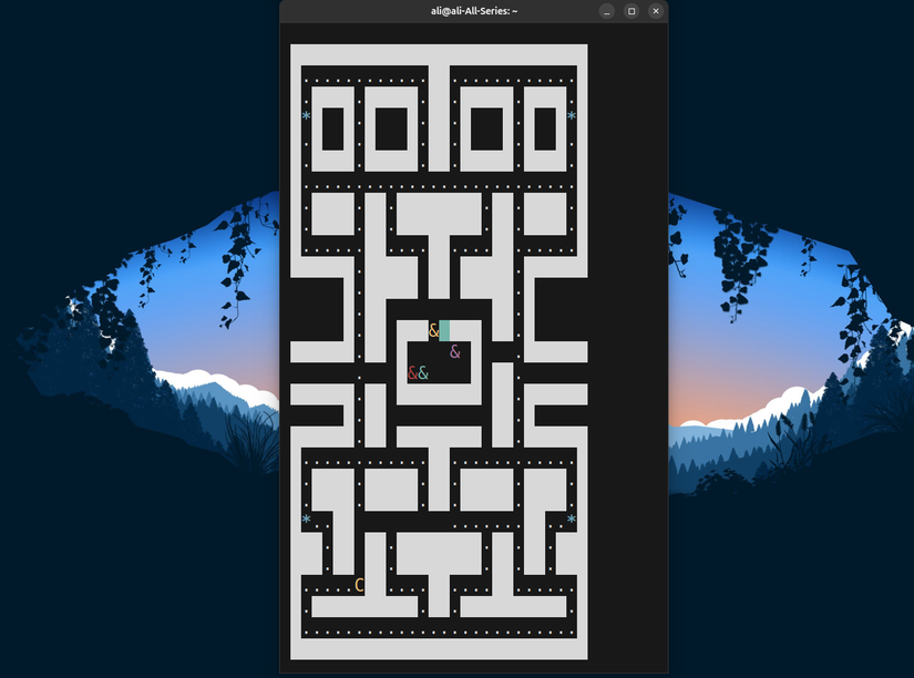 Pacman4Console game running in Linux terminal