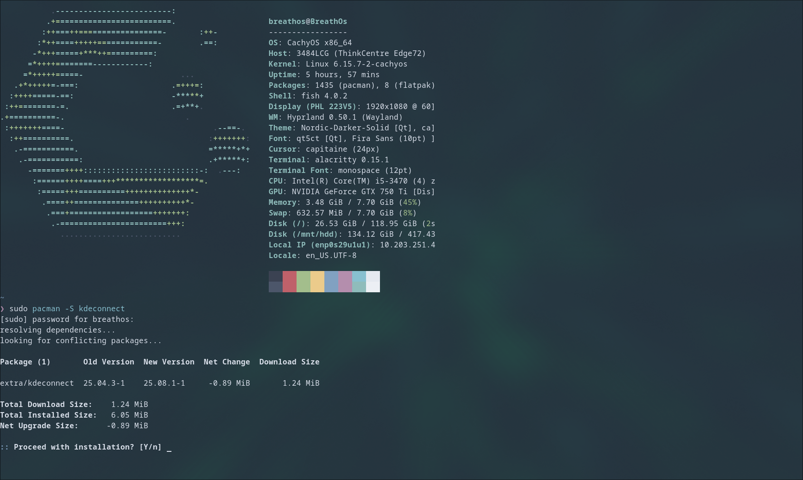 Usando o terminal para instalar o KDE Connect no Arch Linux.