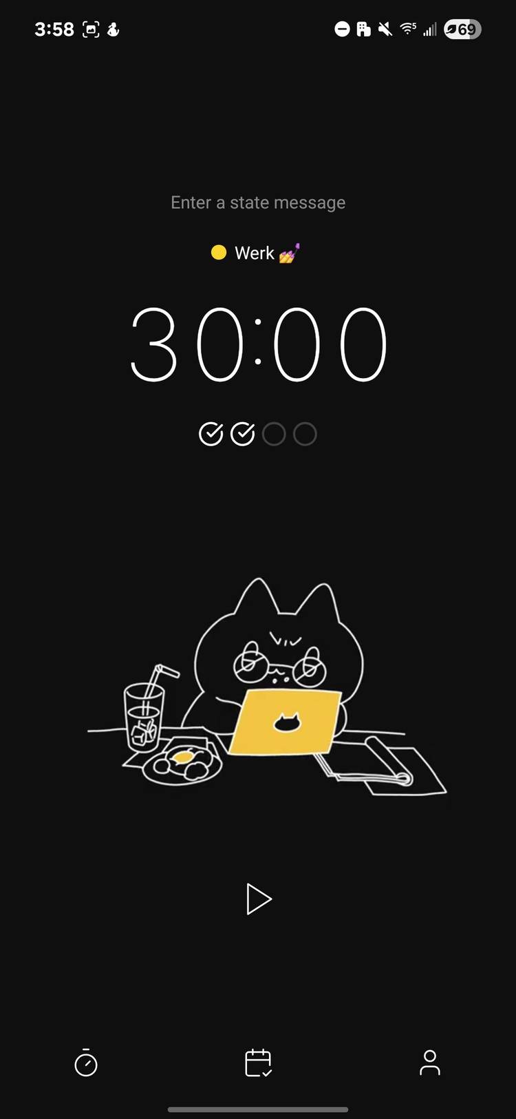 Screenshot of the Pomocat home page. Two pomodoro sessions have already been completed.