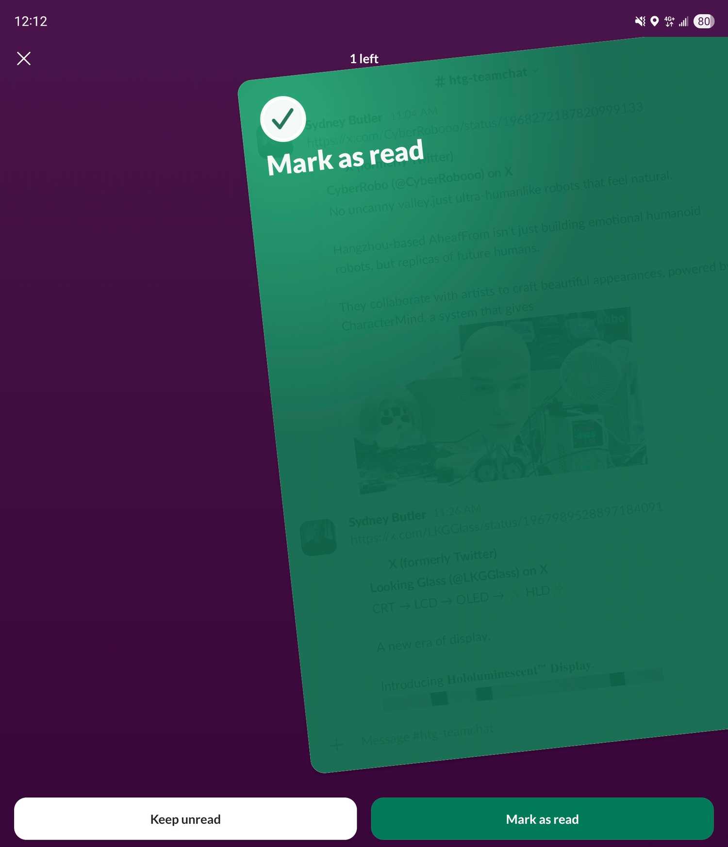 Проведение темы как прочитанной в Slack на Android.