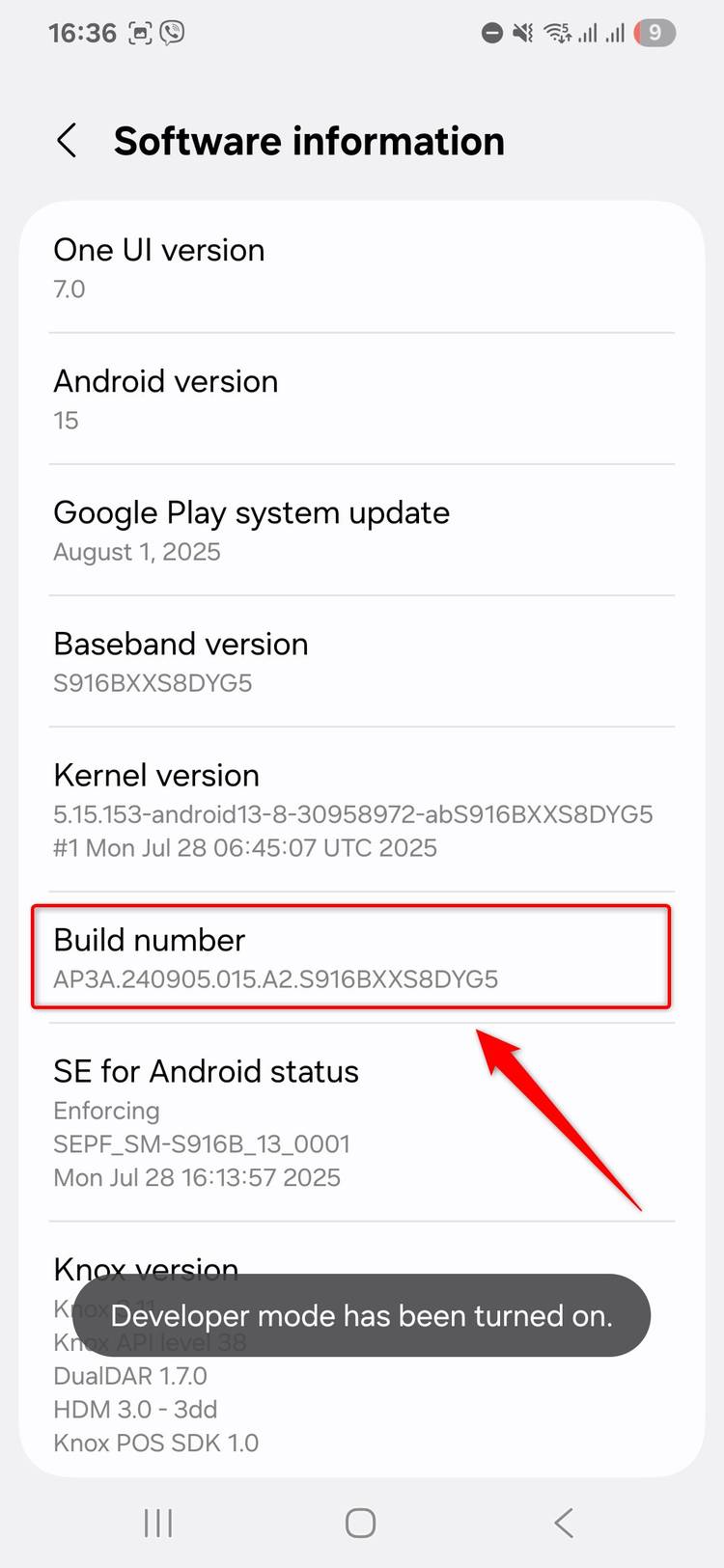 El número de compilación en un teléfono Samsung Android, que muestra el modo de desarrollador se ha activado.