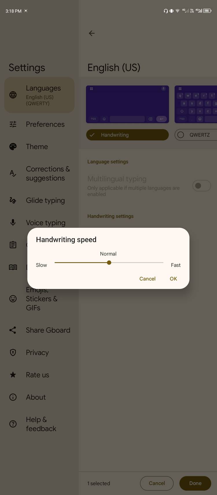 Ajustando as configurações de layout de caligrafia de Gboard.