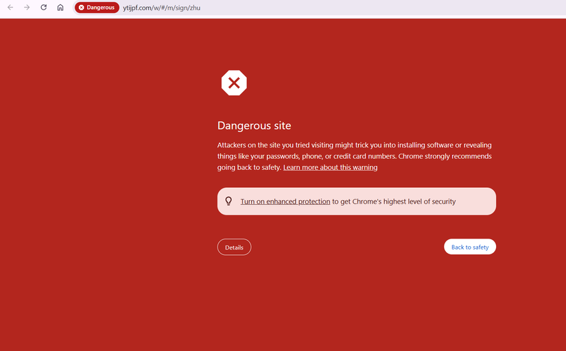 Um site malicioso bloqueado pelo recurso de navegação seguro do Google.