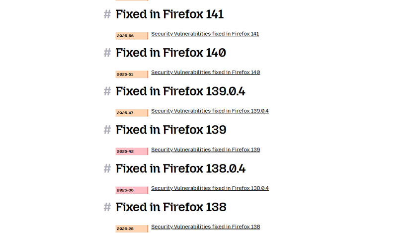 Uma lista de patches de segurança do Firefox.