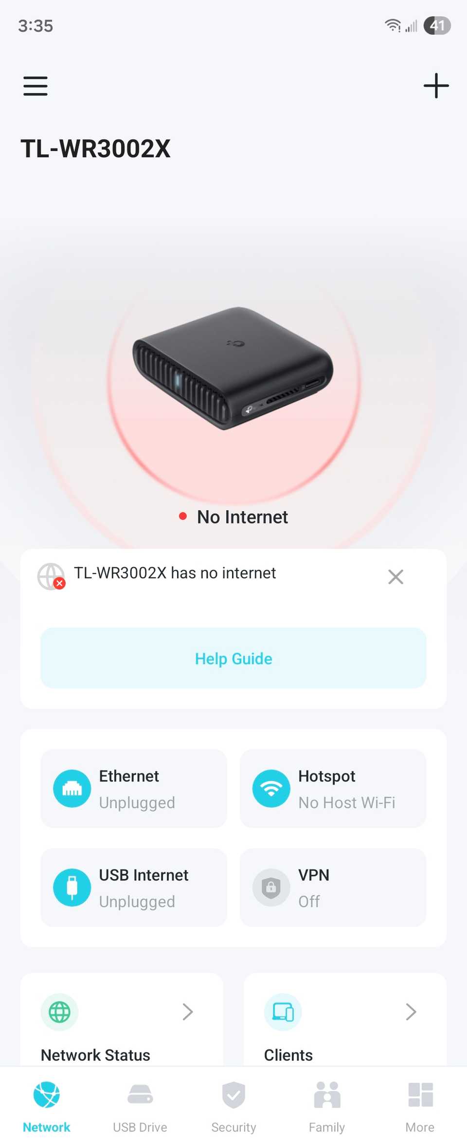 Detalhes do roteador de viagem TP-Link AX3000 no aplicativo Tether.