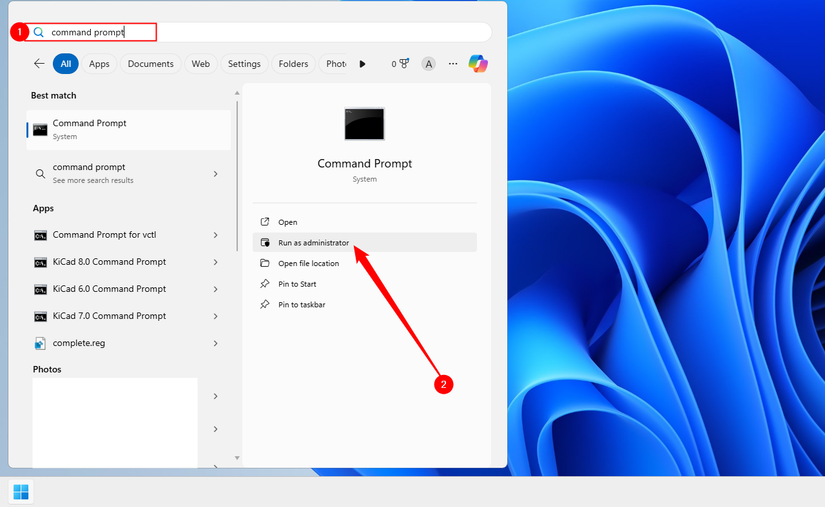 Searching for and running Command Prompt as Administrator.