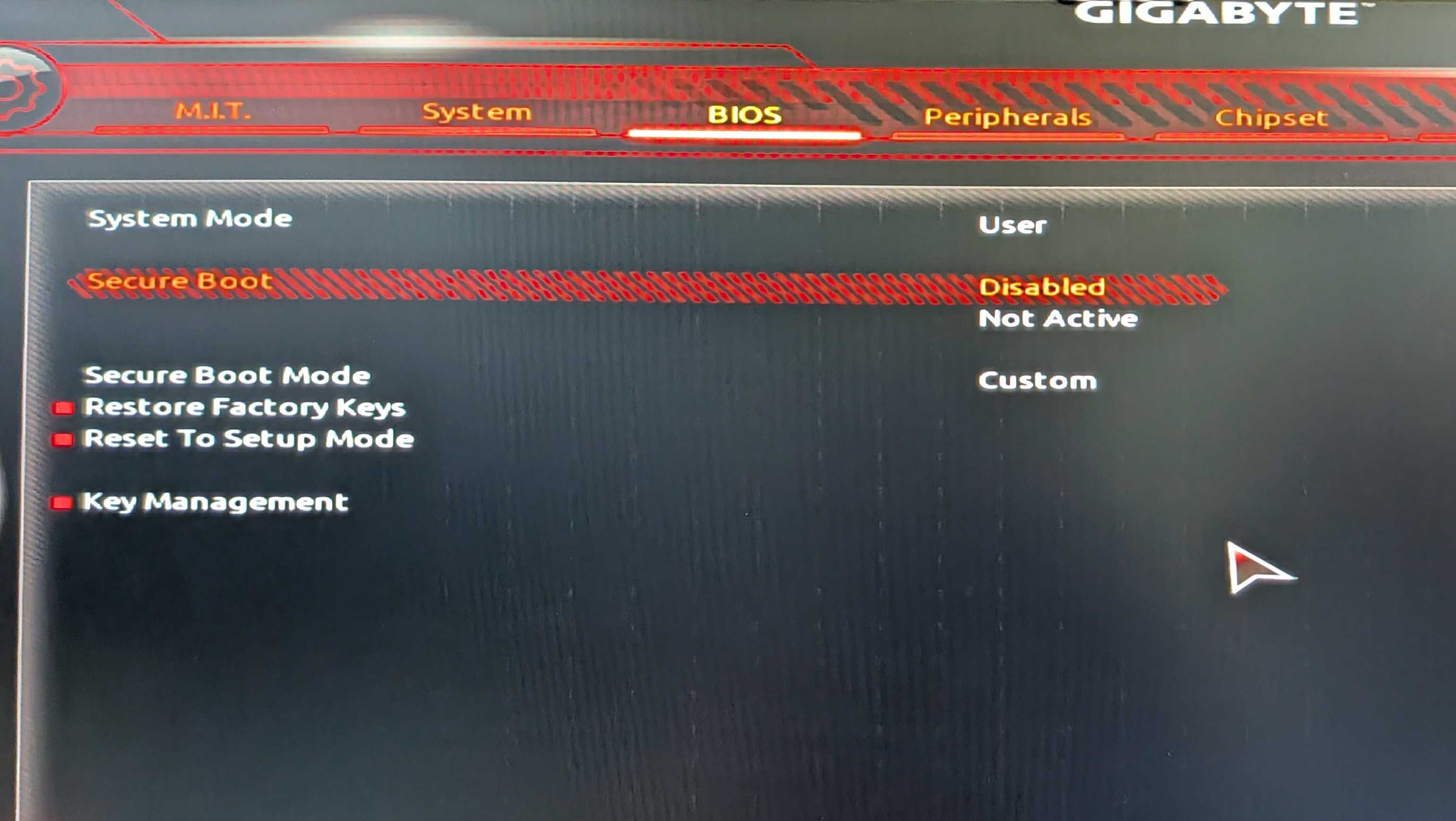 Secure Boot disabled in UEFI BIOS of GIGABYTE motherboard.