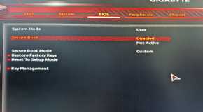 Secure Boot disabled in UEFI BIOS of GIGABYTE motherboard.