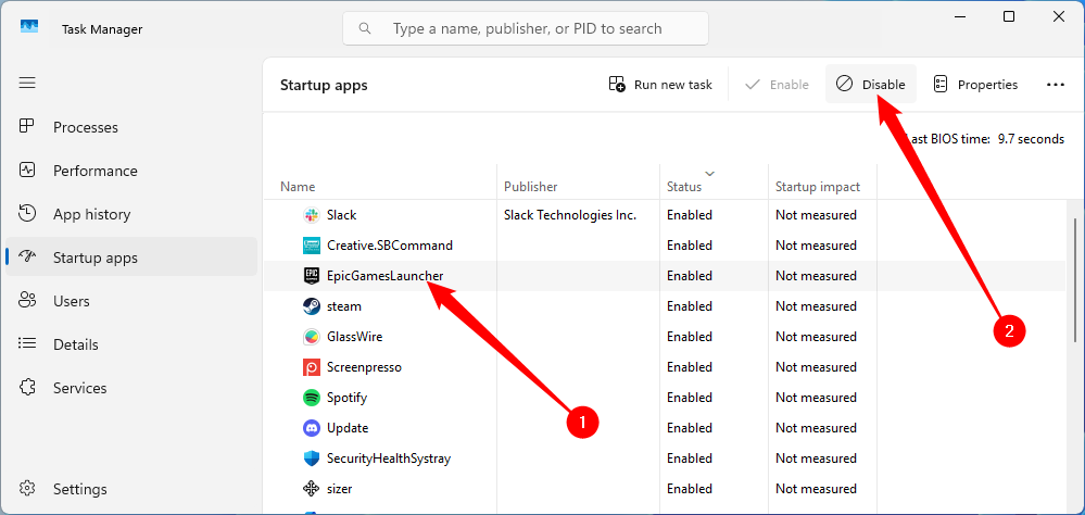 Select an app that has the Enabled status, then click the Disable button towards the upper-right corner of the window.