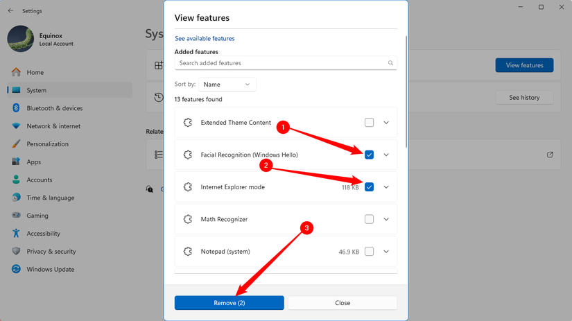 Selecione os itens que deseja desinstalar e clique em Remover.
