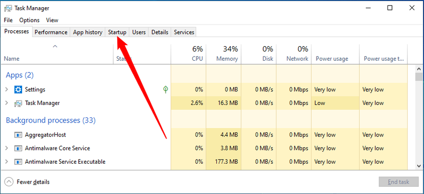 Select the "Startup" tab once you open the Task Manager.