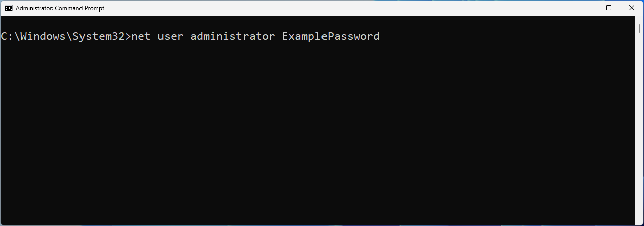 Setting a password for the administrator account in Command Prompt.