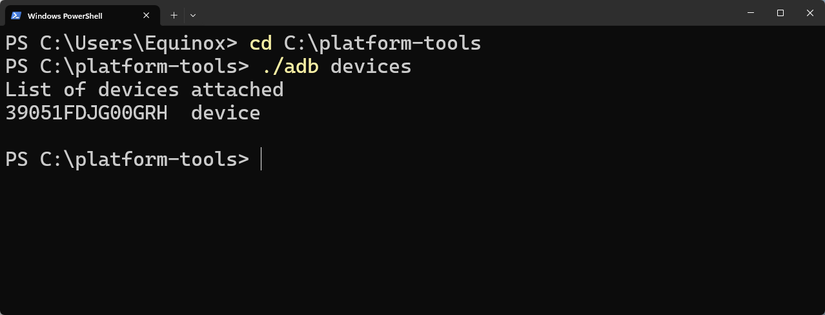 Setting the Terminal's directory to the location of the ADB tools and using ADB to read connected devices.