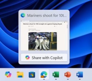 Botão para compartilhar a tela com o copilot mostrado ao pressionar o Microsoft Edge na barra de tarefas.