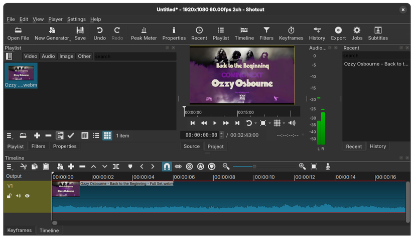 Espingo com um arquivo de vídeo aberto mostrando a tela de edição principal.