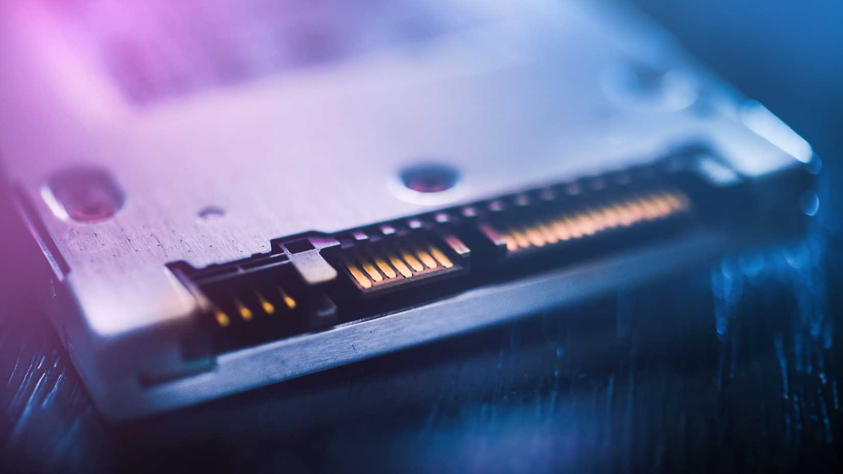 A stylish photo of the connectors on a SATA SSD.