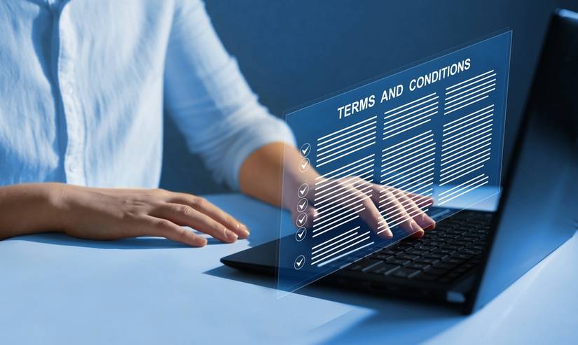 Terms and conditions appear floating above laptop as the user looks on.