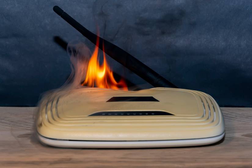A Wi-Fi router with flames coming out of it.