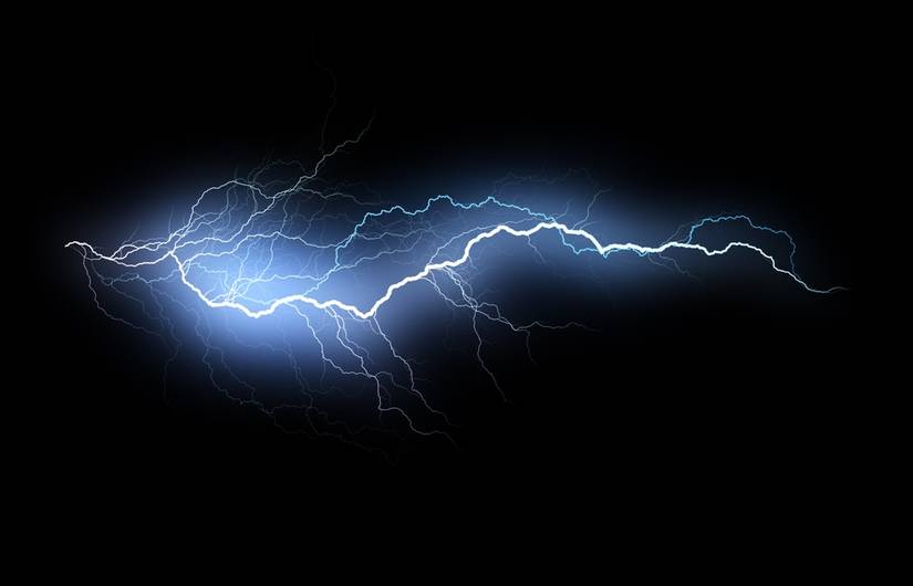 A bolt of lighting streaks across a dark background.