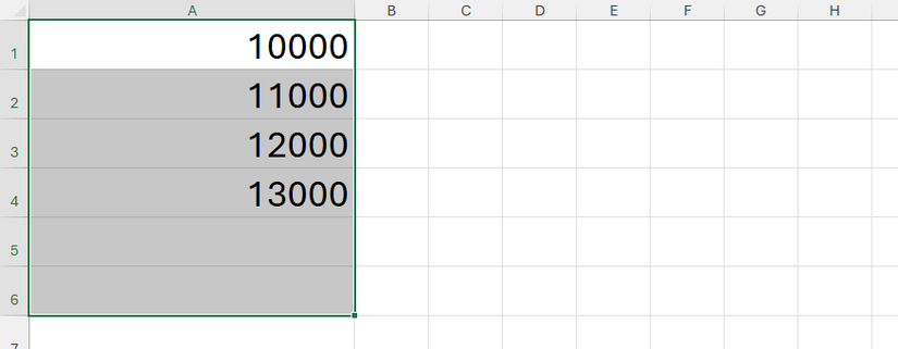 Seis células na coluna A de uma planilha do Excel são selecionadas. Quatro contém números e dois estão em branco.