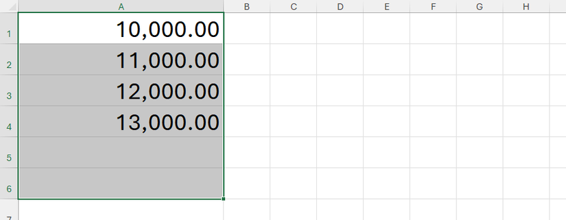 Six cells in column A of an Excel worksheet are selected. Four contains numbers with thousands separators and two decimal places, and two are blank.