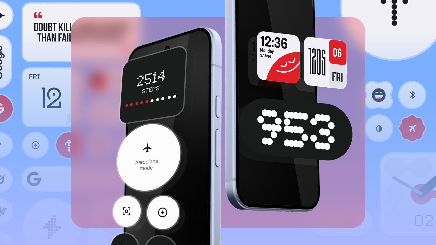 Smartphones displaying customizable widgets with several widget designs in the background.