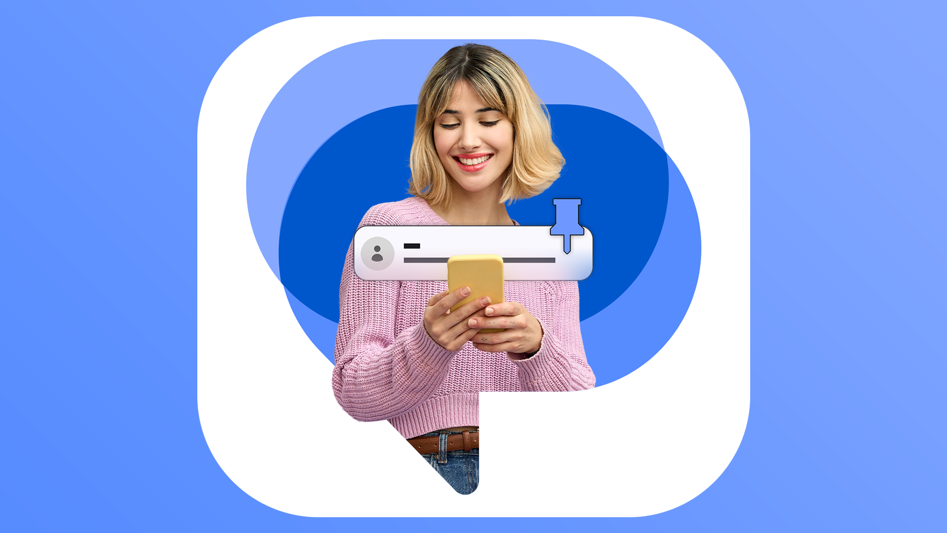 smiling woman using a smartphone with a pinned chat icon and the google messages logo in the background