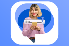 Smiling woman using a smartphone with a pinned chat icon and the Google Messages logo in the background.