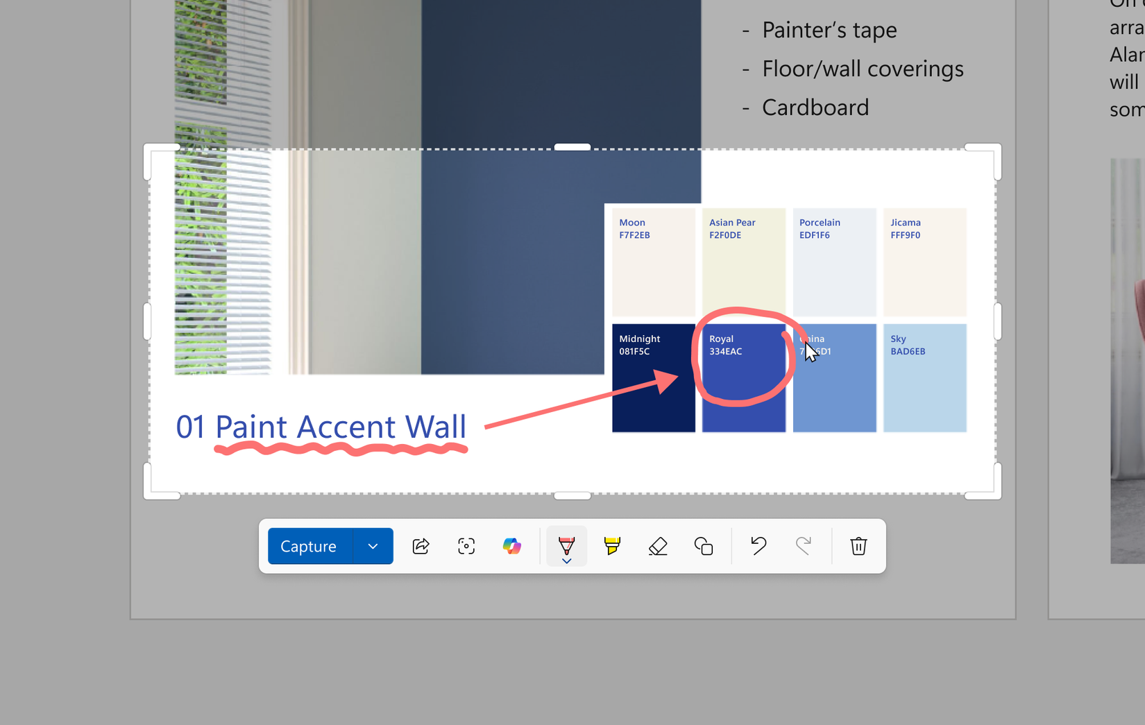 Barbaire of quick marking tools of the snipping tool with a screenshot of color samples. A single color is surrounded with the pen tool using quick markup to attract attention.