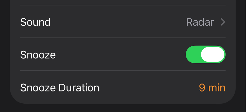 Snooze duration in iOS 26.