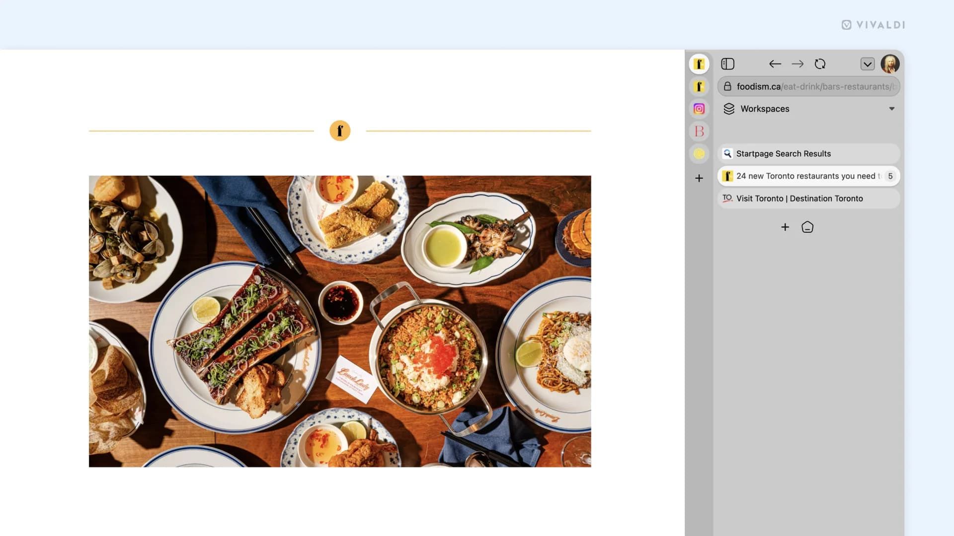 Some food in the Vivaldi Browser with the tabs moved to the right