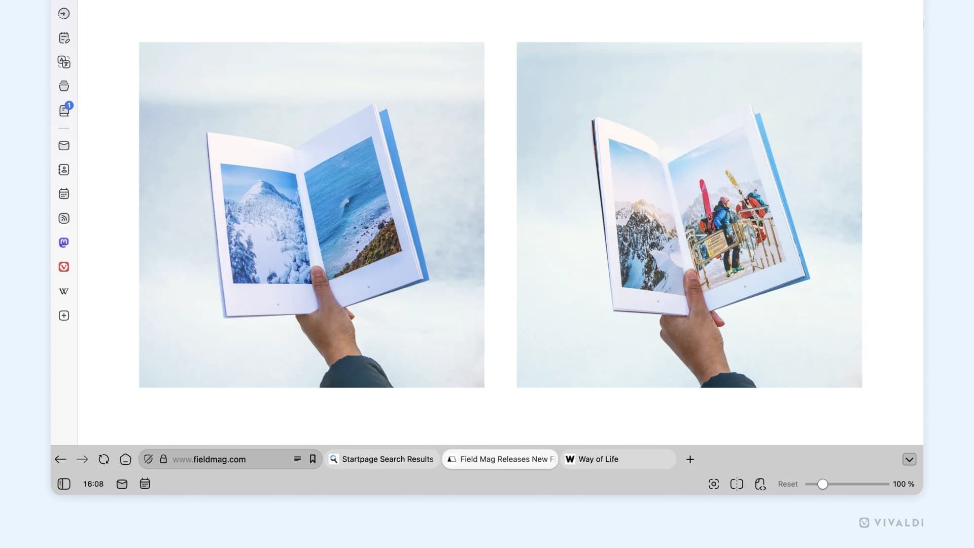Someone reading a book about beaches and snowwy mountains in the Vivaldi Browser with the tabs moved to the bottom