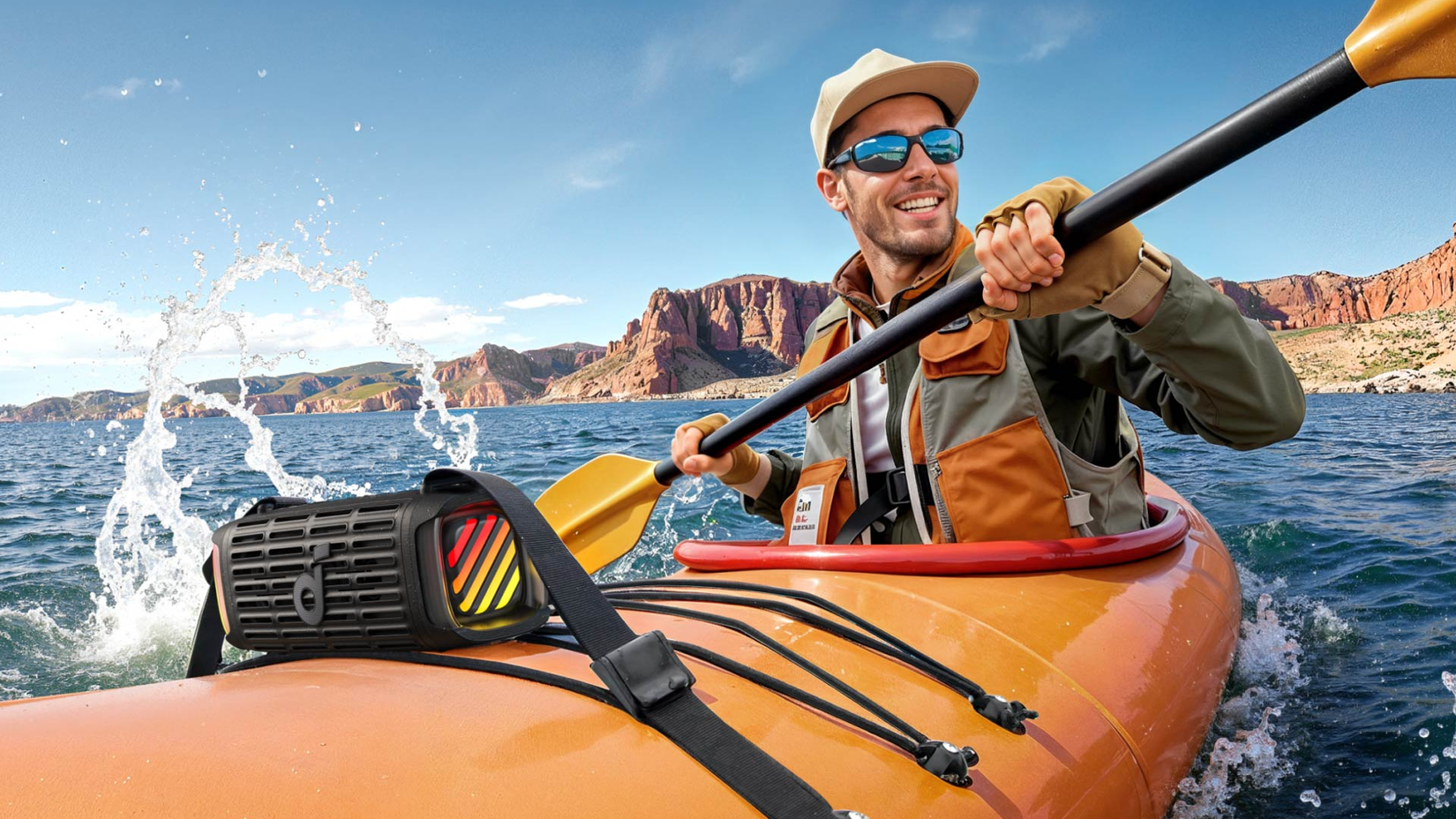Person listening to Soundcore Boom 3i while kayaking.