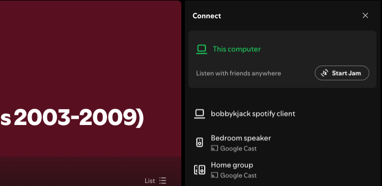 Spotify showing a list of devices that can be connected, including one called "bobbykjack spotify client".