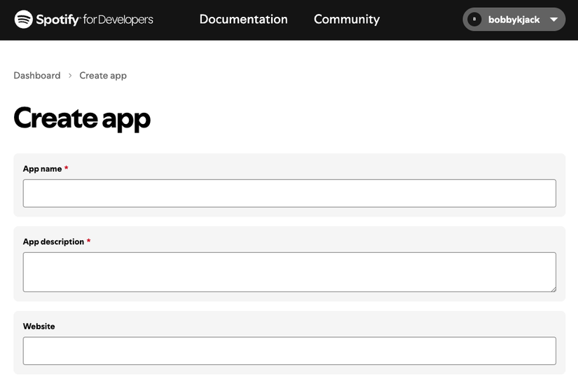 A Spotify web page prompting for details to create an app, including the app’s name and description.