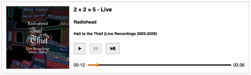 A simple music player showing a track by Radiohead with Play, Pause, and Toggle buttons.