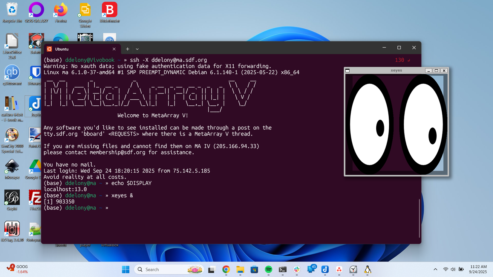 X11 encaminhando uma conexão SSH remota com Xeyes.