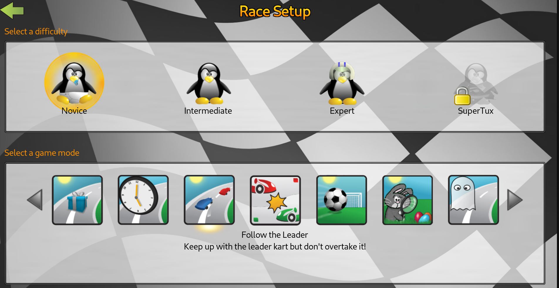 SuperTuxKart game with different game mode options